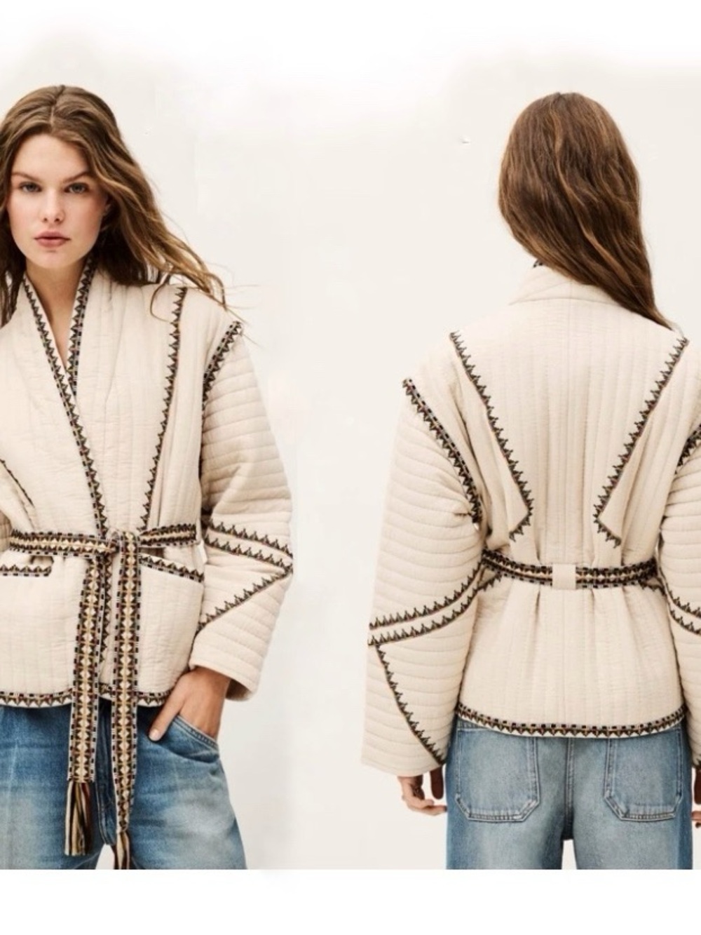 Magaschoni Anthropologie Cream Quilted Tie Cotton Jacket with Brown Trim